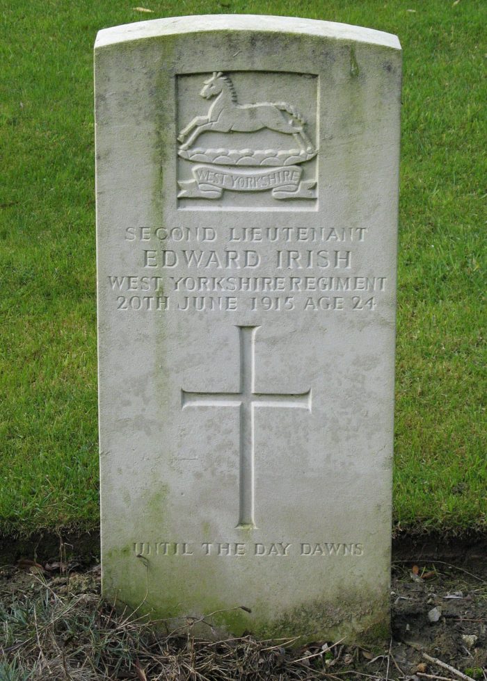 Edward Irish’s headstone in Le Trou Aid Post Cemetery, Fleurbaix, France. Image supplied by Stuart Archer.